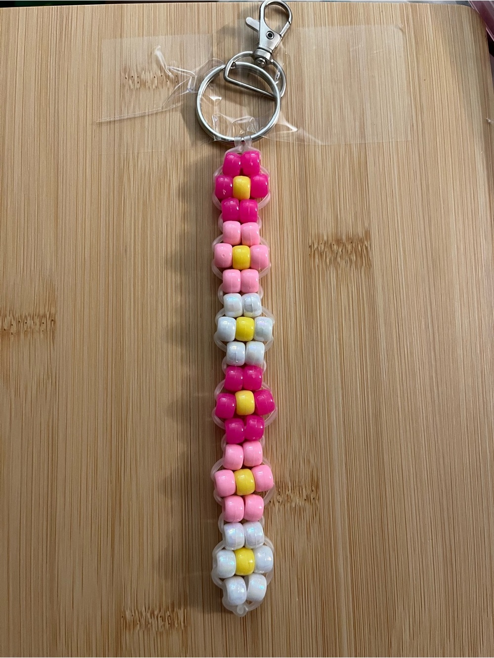 Handmade Beaded Flower Keychain in Pink, White & Yellow